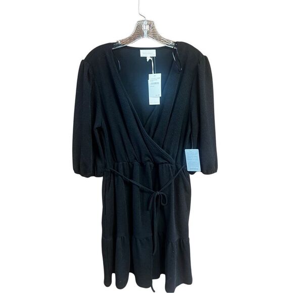 MELLODAY Textured Low V Wrap Black Knit Dress Sz L NWT - Picture 1 of 8